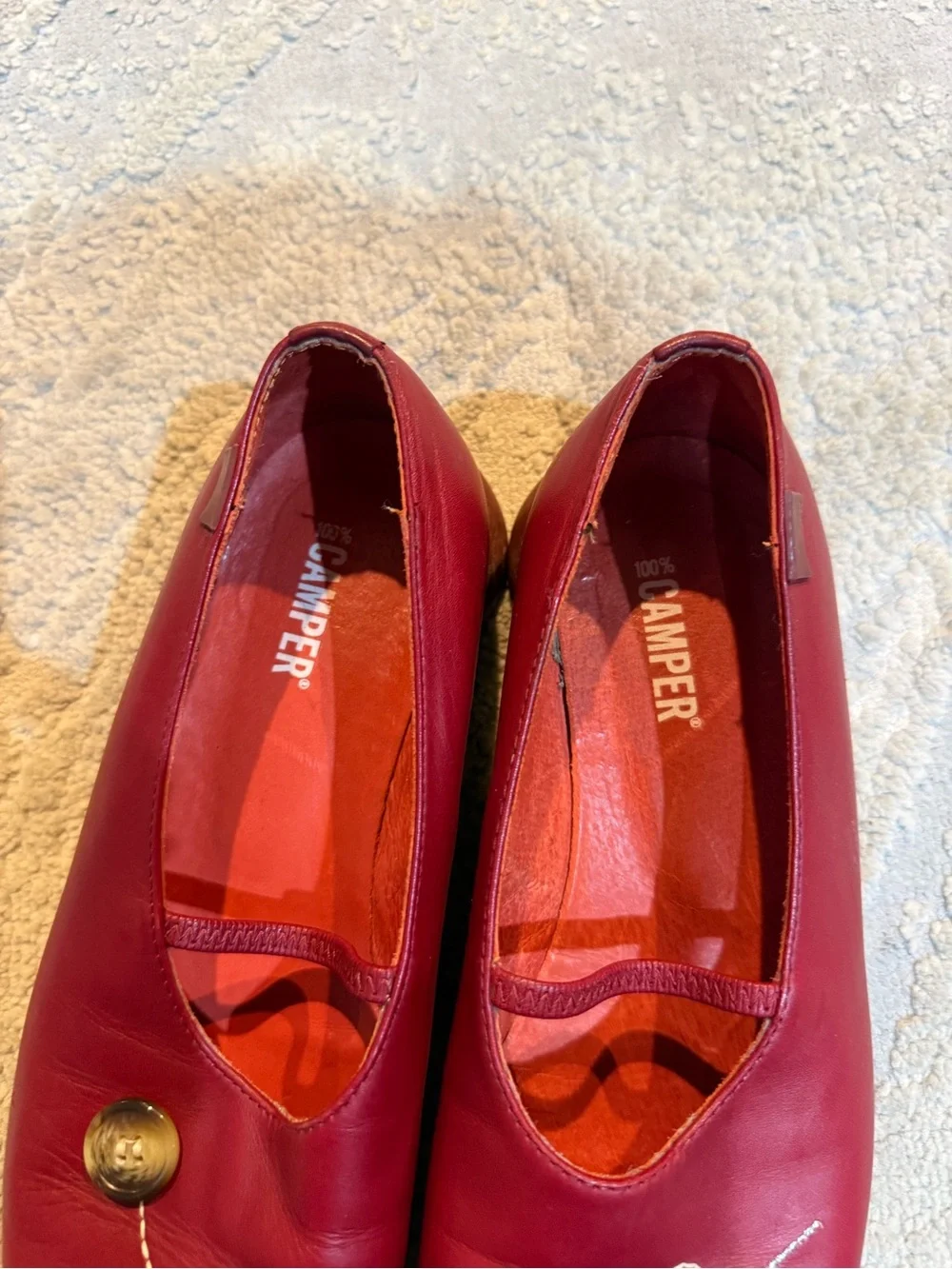 Camper Red Leather Ballet Flats needle and thread Stitch Accent Button 38 / 7.5